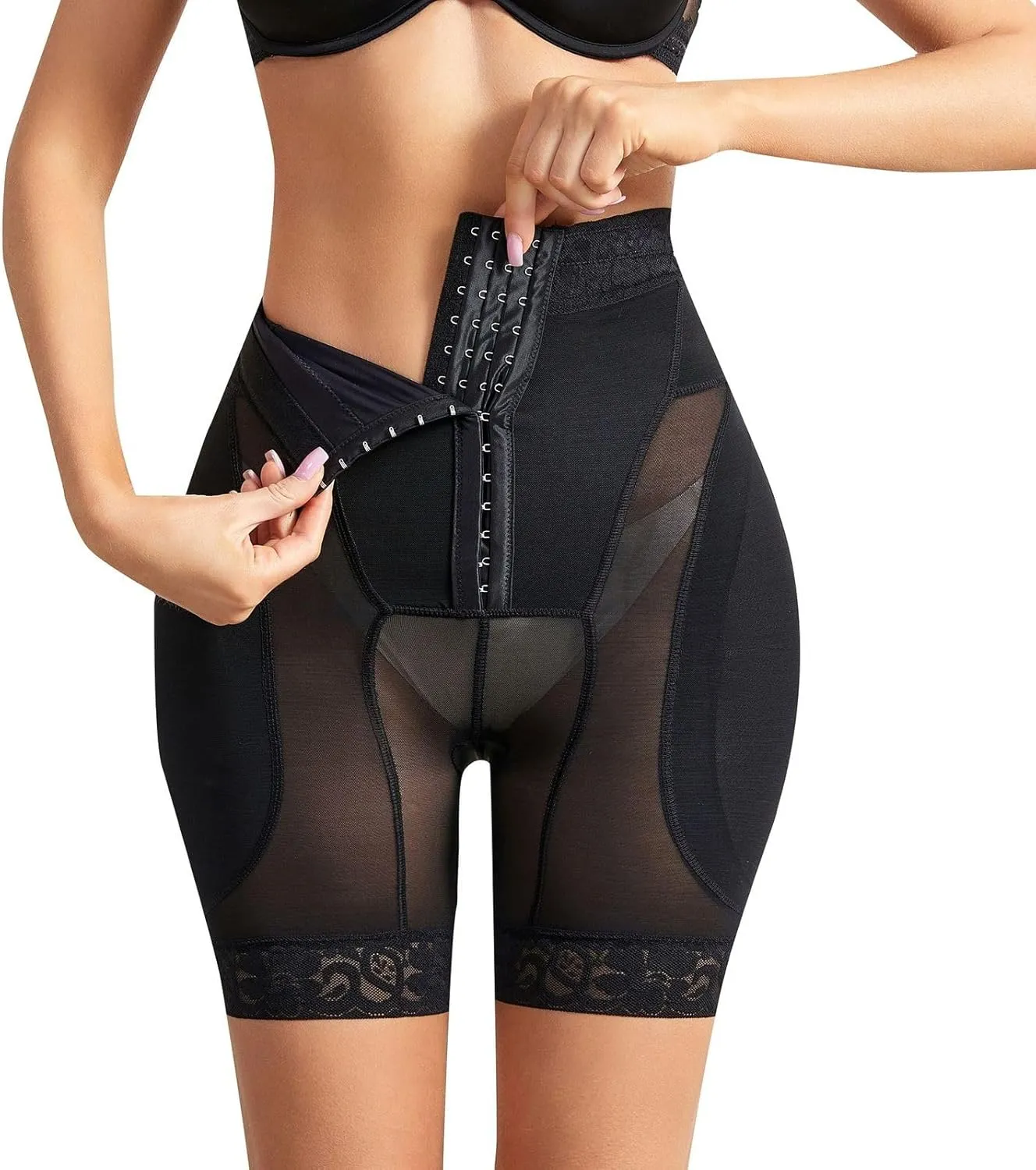 Lu's Chic Women's Padded Shapewear Shorts Firm Body Shaper Trainer Fitted Basic Above Knee Gala Hook Butt Lifter