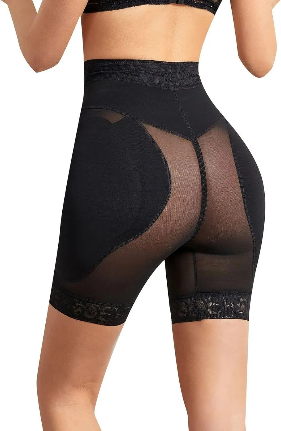 Lu's Chic Women's Padded Shapewear Shorts Firm Body Shaper Trainer Fitted Basic Above Knee Gala Hook Butt Lifter