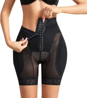 Lu's Chic Women's Padded Shapewear Shorts Firm Body Shaper Trainer Fitted Basic Above Knee Gala Hook Butt Lifter