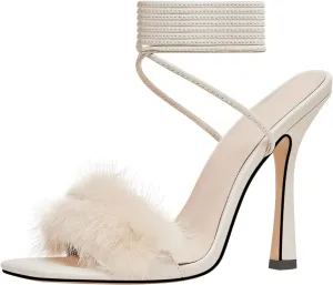 Lutalica W Women's Trendy Squared Open Toe Matte Leather Sexy Fringed Pom Pom Stiletto High Heel Strappy Sandals