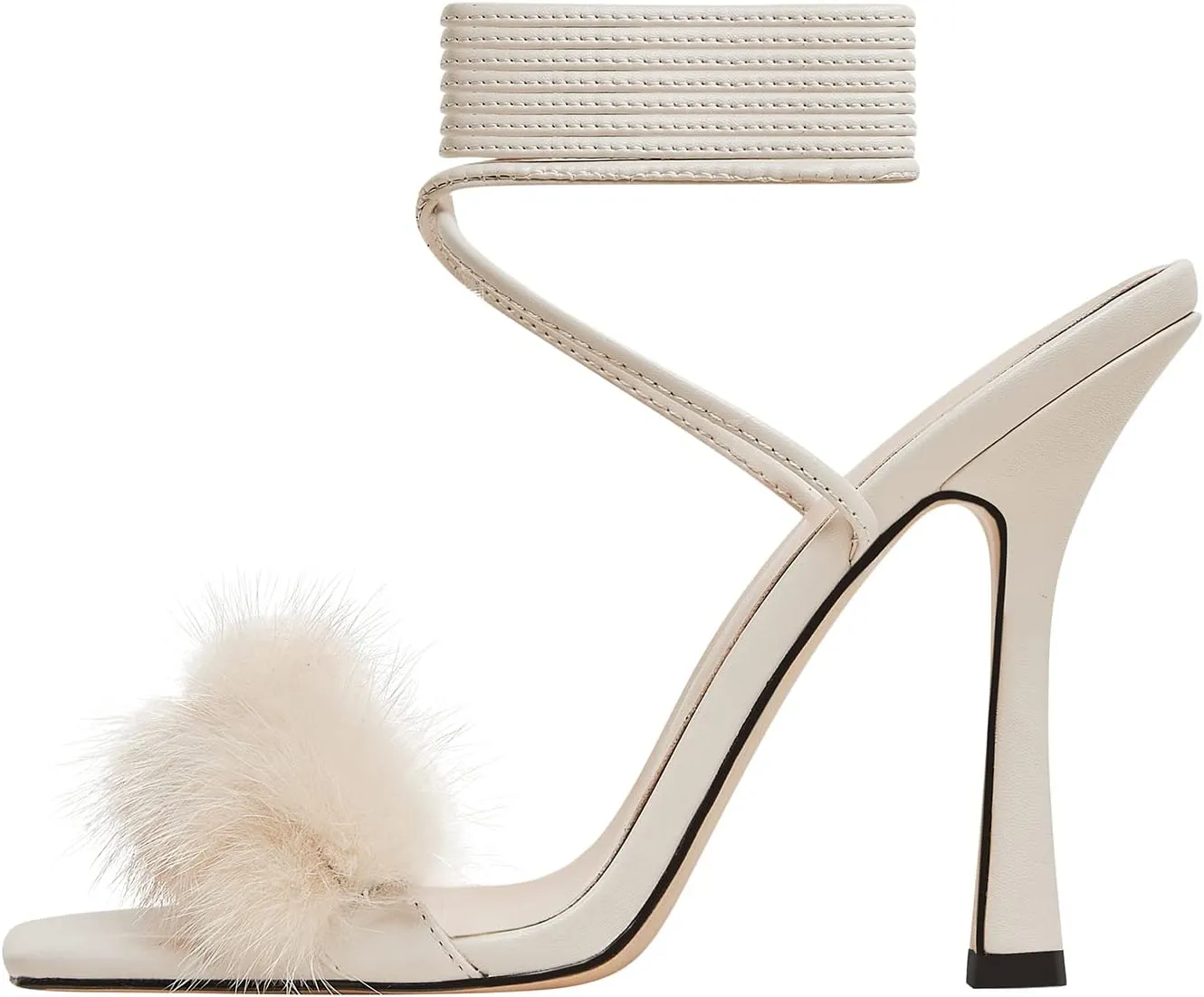 Lutalica W Women's Trendy Squared Open Toe Matte Leather Sexy Fringed Pom Pom Stiletto High Heel Strappy Sandals