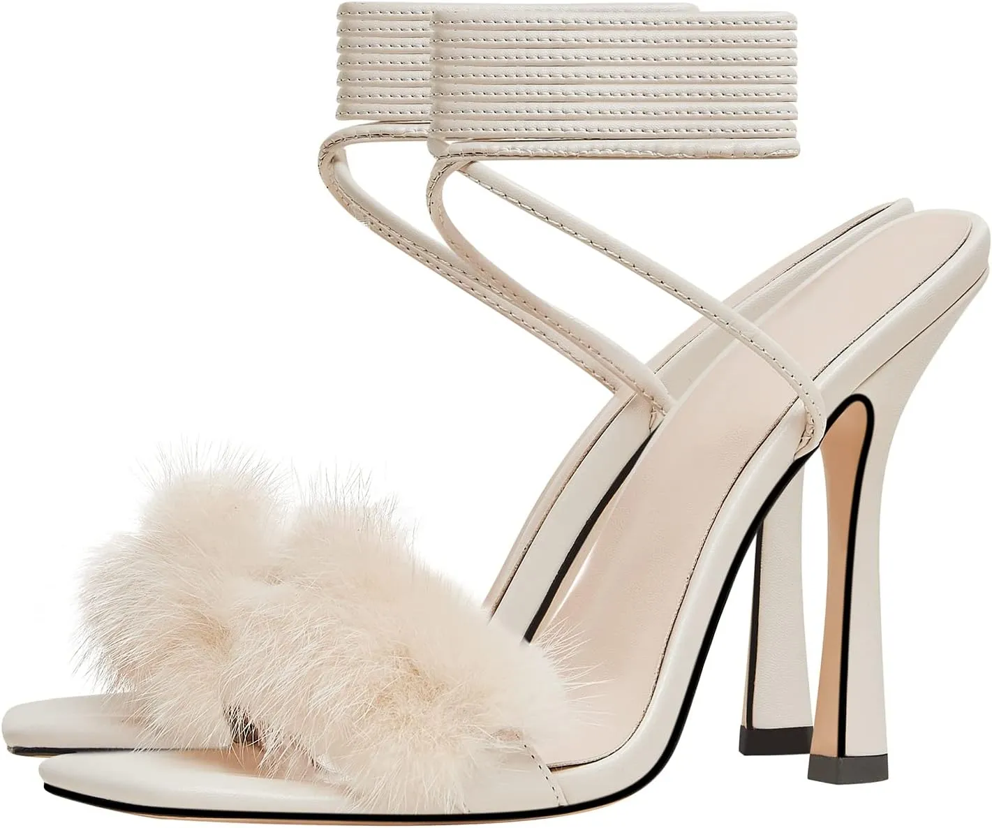 Lutalica W Women's Trendy Squared Open Toe Matte Leather Sexy Fringed Pom Pom Stiletto High Heel Strappy Sandals