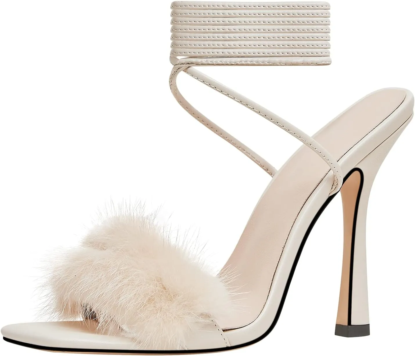 Lutalica W Women's Trendy Squared Open Toe Matte Leather Sexy Fringed Pom Pom Stiletto High Heel Strappy Sandals