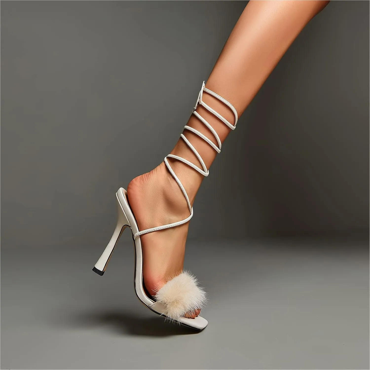 Lutalica W Women's Trendy Squared Open Toe Matte Leather Sexy Fringed Pom Pom Stiletto High Heel Strappy Sandals