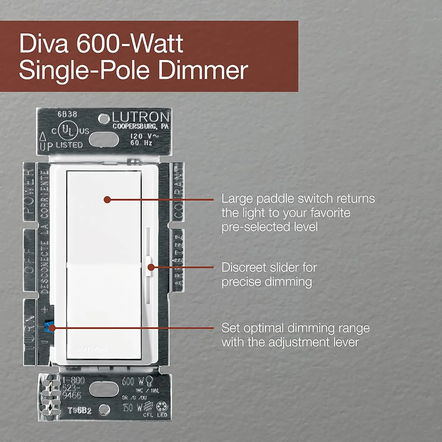 Lutron Diva Dimmer Switch for Incandescent Bulbs, 600-Watt/Single-Pole, DV-600P-WH, White