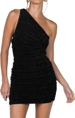 LYANER Women's Sexy One Shoulder Ruched Sleeveless Bodycon Mini Short Dress