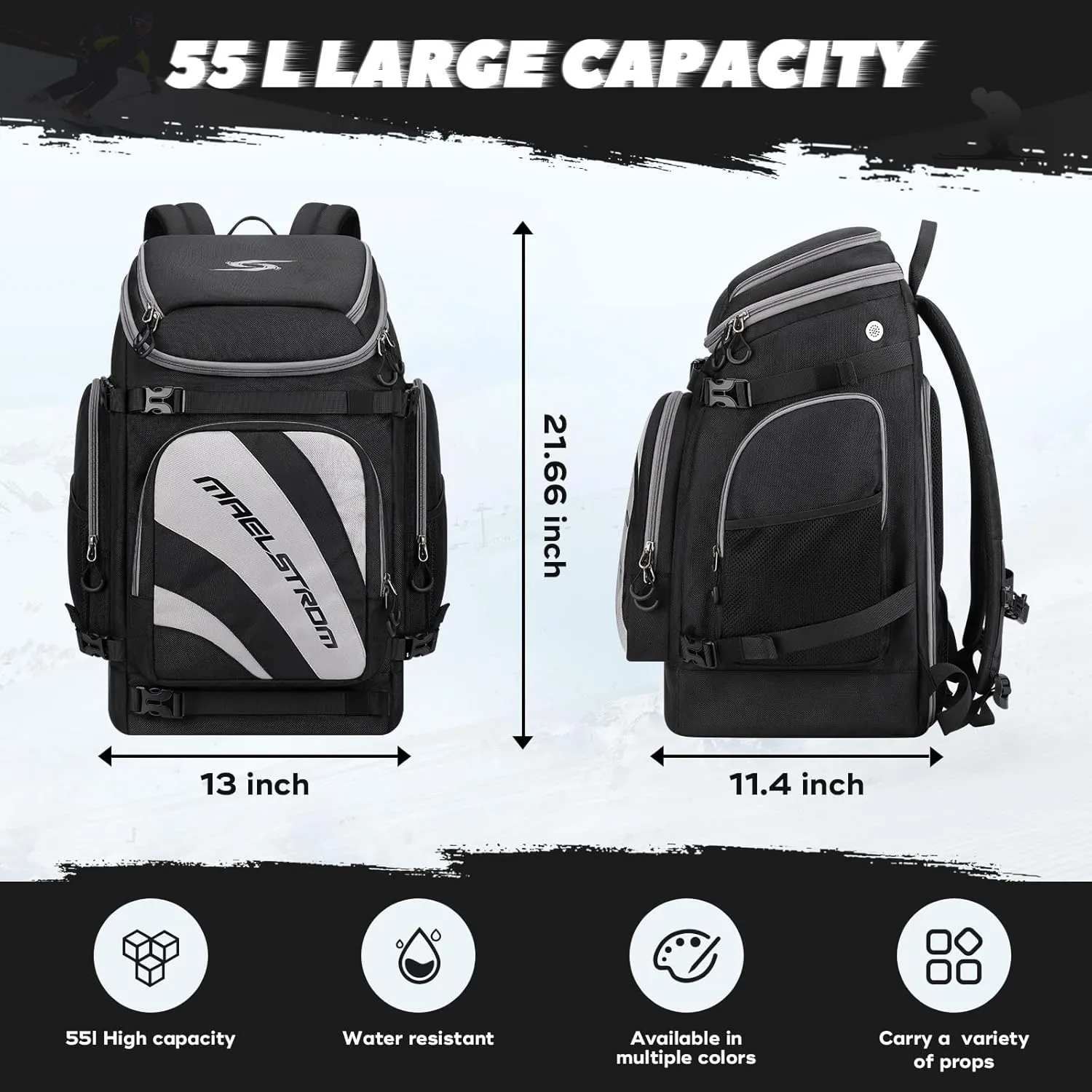 Maelstrom Ski Boot Bag,55L Large Ski Boots Travel Backpack for Men Women,Waterproof Snowboard Boot Bag for Skis Accessories
