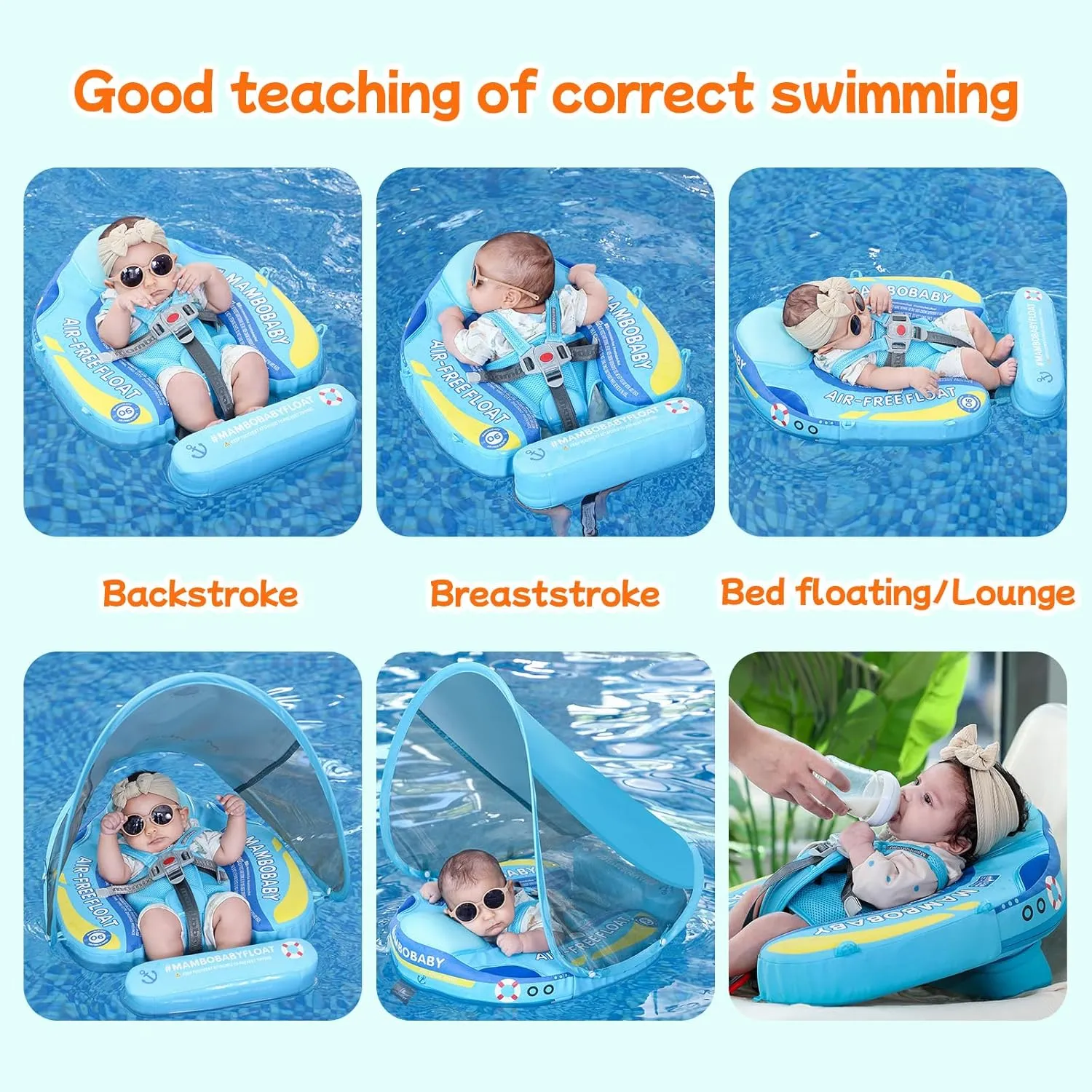 Mambobaby Float Add Tail No Flip Over Non-Inflatable Baby Swim Float Pearl Foam Solid Water Floats Smart Swim Trainer Infant Pool Float Swim Ring with Sun Canopy