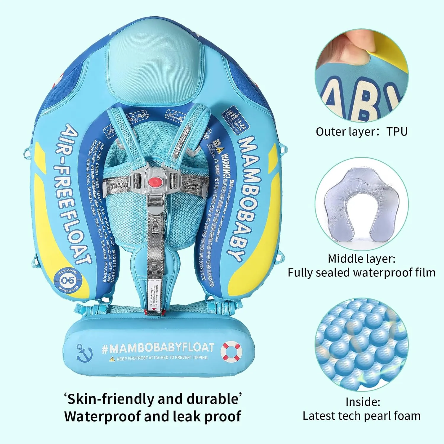 Mambobaby Float Add Tail No Flip Over Non-Inflatable Baby Swim Float Pearl Foam Solid Water Floats Smart Swim Trainer Infant Pool Float Swim Ring with Sun Canopy