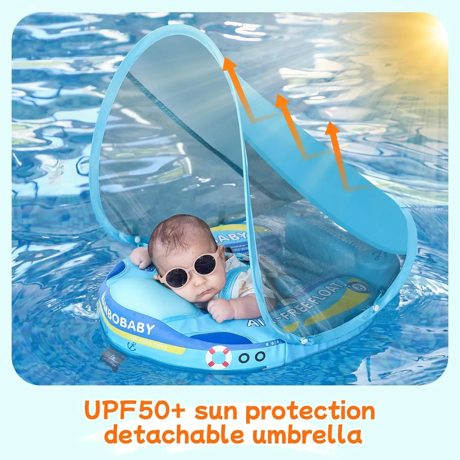 Mambobaby Float Add Tail No Flip Over Non-Inflatable Baby Swim Float Pearl Foam Solid Water Floats Smart Swim Trainer Infant Pool Float Swim Ring with Sun Canopy