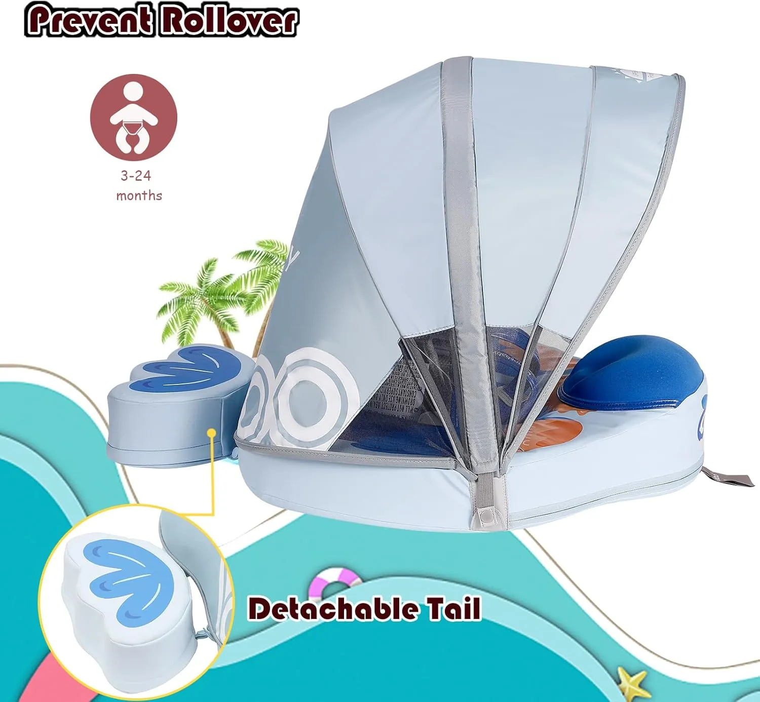 Mambobaby Floats with Canopy &Tail, Mambo Baby Swim Float for Pool Add Tail Avoid Flip Swim Trainer Infant Pool Floats for Toddler Boys Girls(B53032WB0002-BB02)