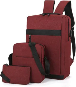 Men Backpack Three Piece Solid Color Outdoor Bag Computer Business Bag Shoulder Messenger Bags Canvas (Red, One Size)
