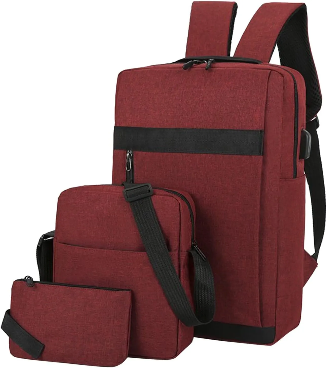 Men Backpack Three Piece Solid Color Outdoor Bag Computer Business Bag Shoulder Messenger Bags Canvas (Red, One Size)