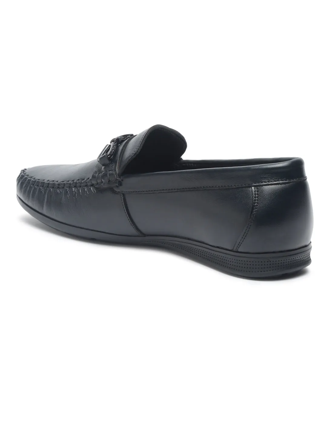 Men Black Solid Leather Formal Slip-On