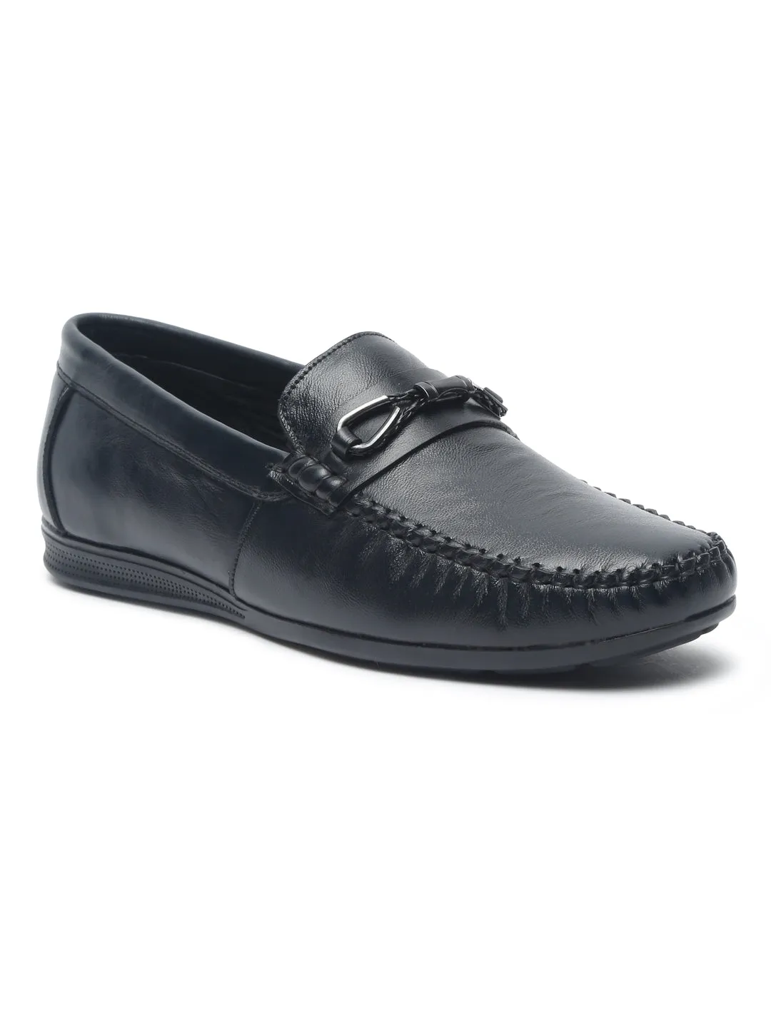 Men Black Solid Leather Formal Slip-On