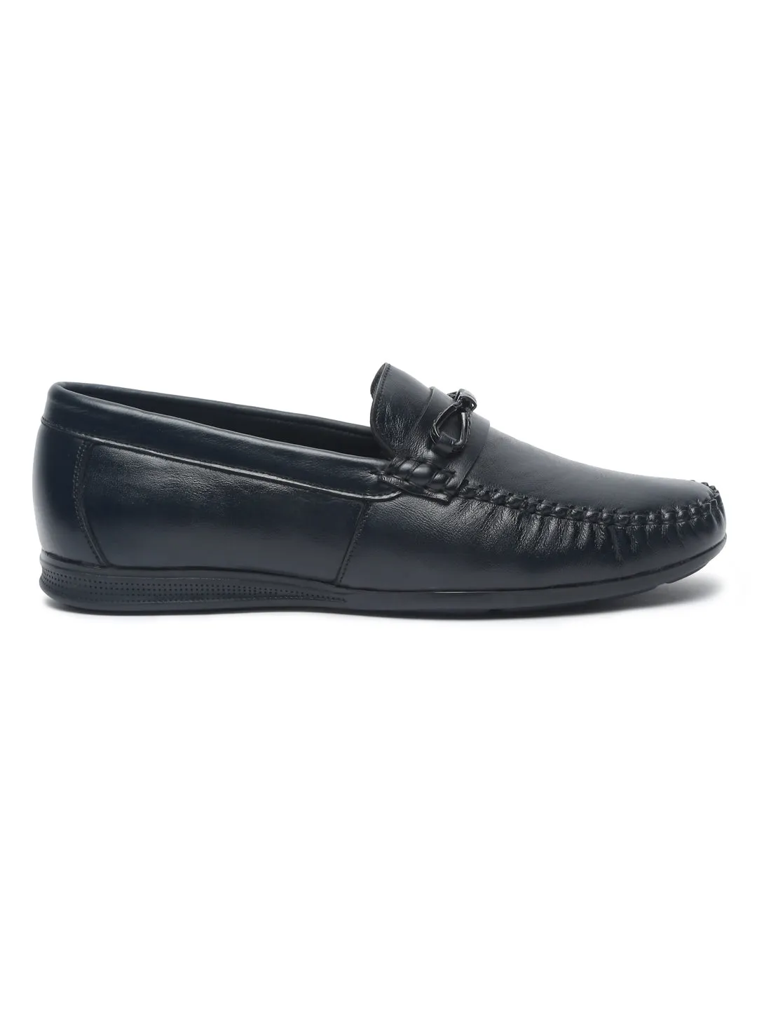 Men Black Solid Leather Formal Slip-On