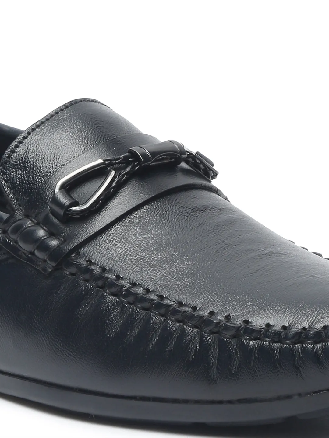 Men Black Solid Leather Formal Slip-On