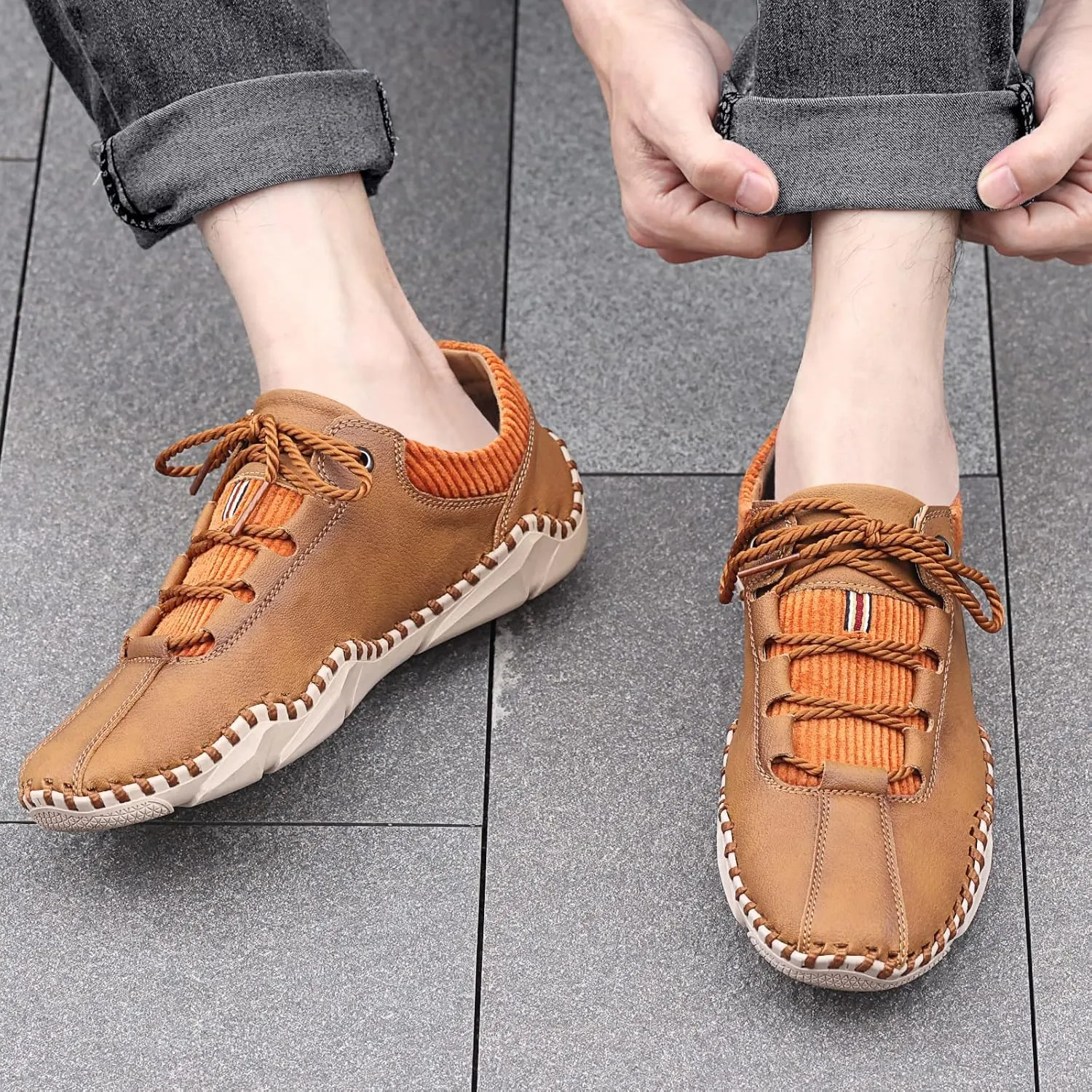 Mens Casual Shoes Fashion Sneakers Leather Oxfords Work Shoe Sneaker for Men Driving Loafers Shoes Slip On Flat Loafers Boat Shoes Moccasins Lightweight Soft Comfort Lace up Hand Stitching Ankle Boots