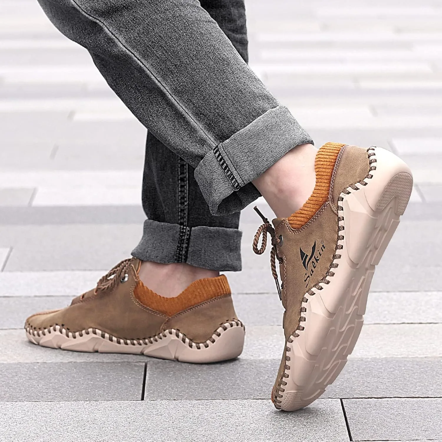 Mens Casual Shoes Fashion Sneakers Leather Oxfords Work Shoe Sneaker for Men Driving Loafers Shoes Slip On Flat Loafers Boat Shoes Moccasins Lightweight Soft Comfort Lace up Hand Stitching Ankle Boots