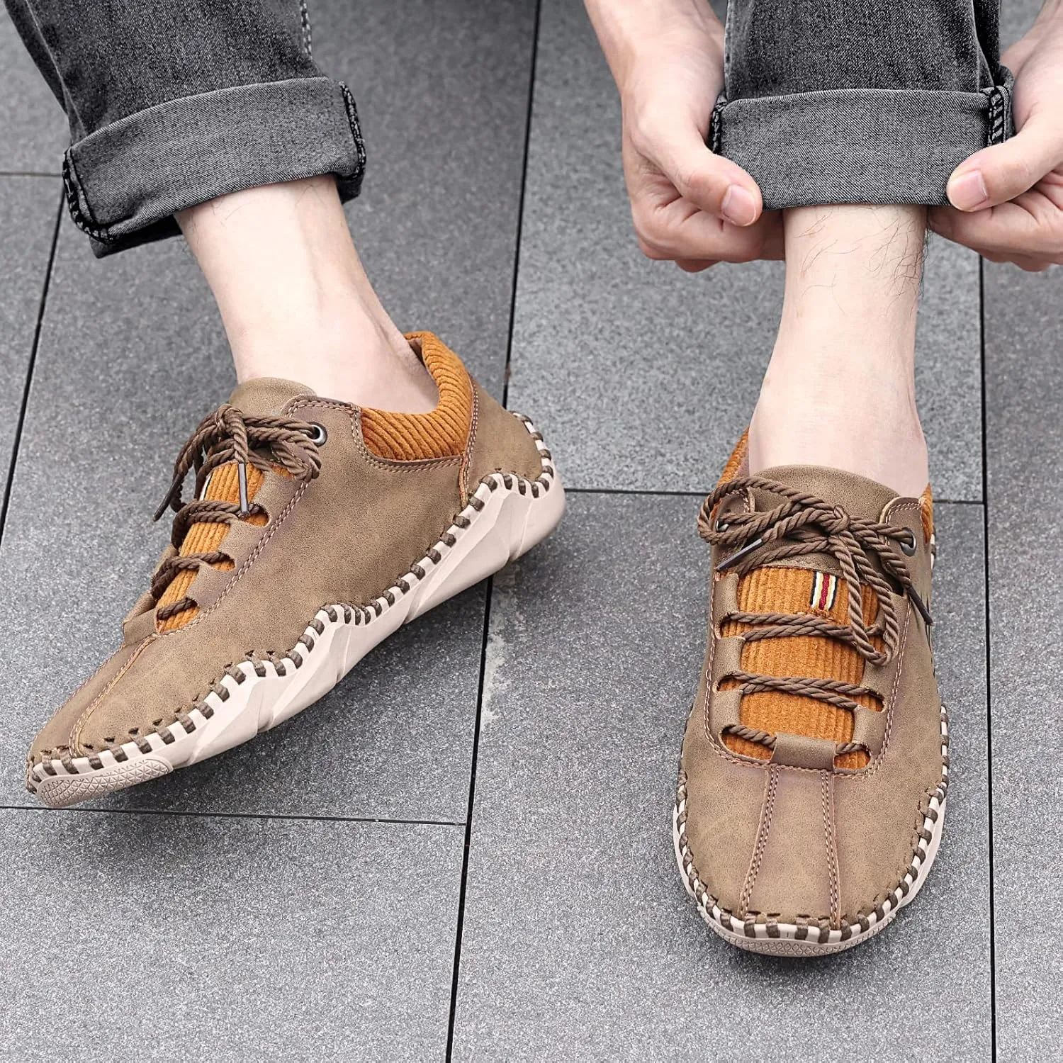 Mens Casual Shoes Fashion Sneakers Leather Oxfords Work Shoe Sneaker for Men Driving Loafers Shoes Slip On Flat Loafers Boat Shoes Moccasins Lightweight Soft Comfort Lace up Hand Stitching Ankle Boots