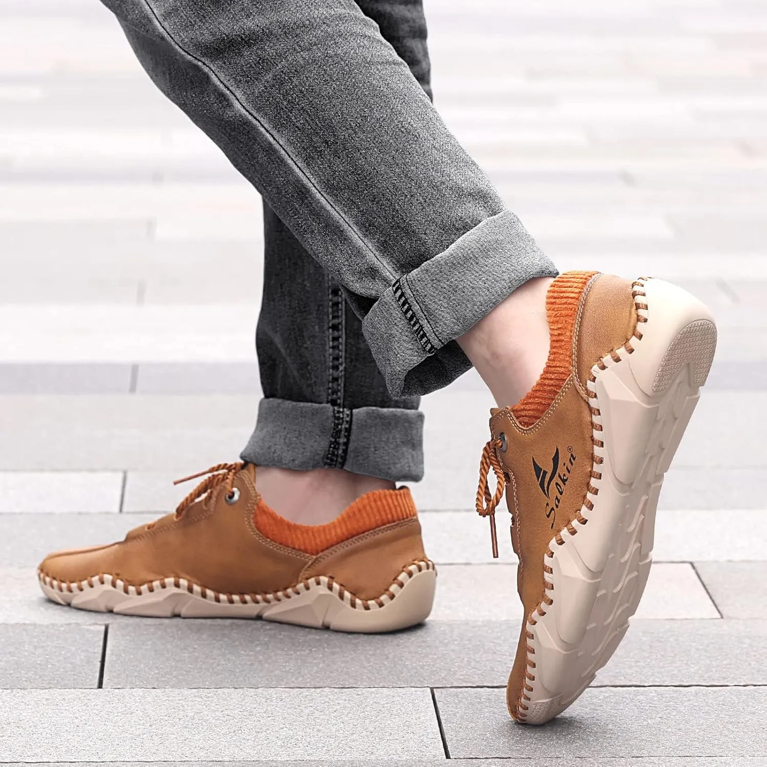 Mens Casual Shoes Fashion Sneakers Leather Oxfords Work Shoe Sneaker for Men Driving Loafers Shoes Slip On Flat Loafers Boat Shoes Moccasins Lightweight Soft Comfort Lace up Hand Stitching Ankle Boots