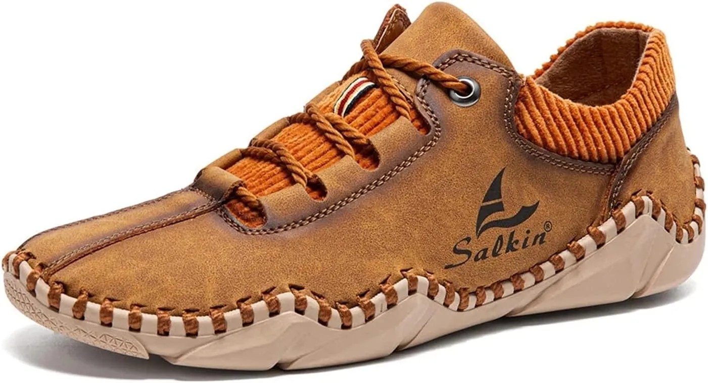 Mens Casual Shoes Fashion Sneakers Leather Oxfords Work Shoe Sneaker for Men Driving Loafers Shoes Slip On Flat Loafers Boat Shoes Moccasins Lightweight Soft Comfort Lace up Hand Stitching Ankle Boots