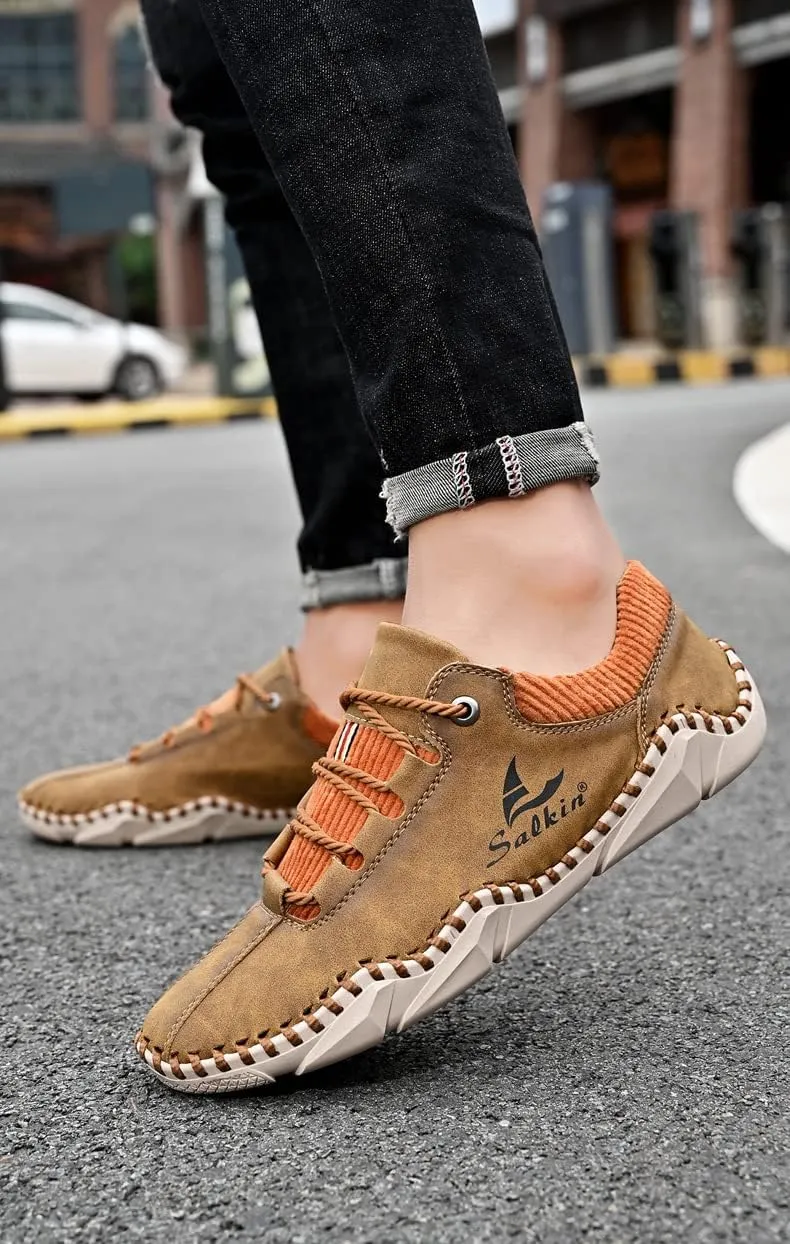 Mens Casual Shoes Fashion Sneakers Leather Oxfords Work Shoe Sneaker for Men Driving Loafers Shoes Slip On Flat Loafers Boat Shoes Moccasins Lightweight Soft Comfort Lace up Hand Stitching Ankle Boots