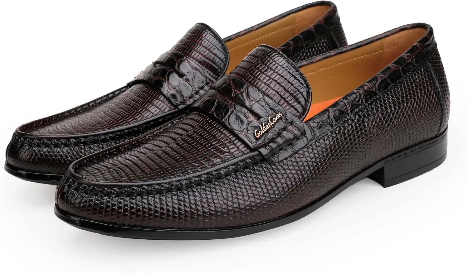 Mens Genuine Dress Shoes, Premium Crocodile Print Leather Slip-on Casual Shoes Penny Loafers for Mens, Black