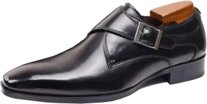 Men's Genuine Leather Monk Buckle Low Heel Dress Shoes Classic Square Toe Handmade with Buckle Slip-On Oxford Shoes for Business Office