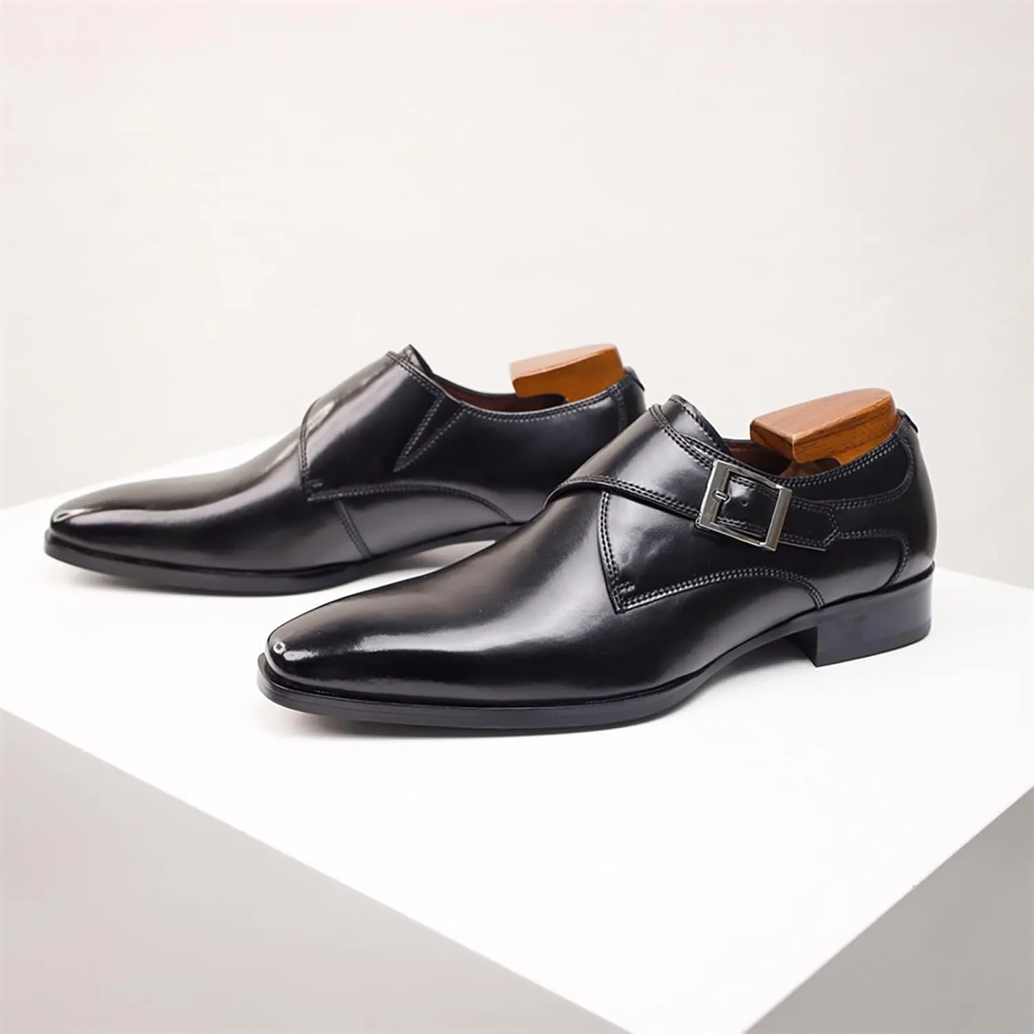 Men's Genuine Leather Monk Buckle Low Heel Dress Shoes Classic Square Toe Handmade with Buckle Slip-On Oxford Shoes for Business Office