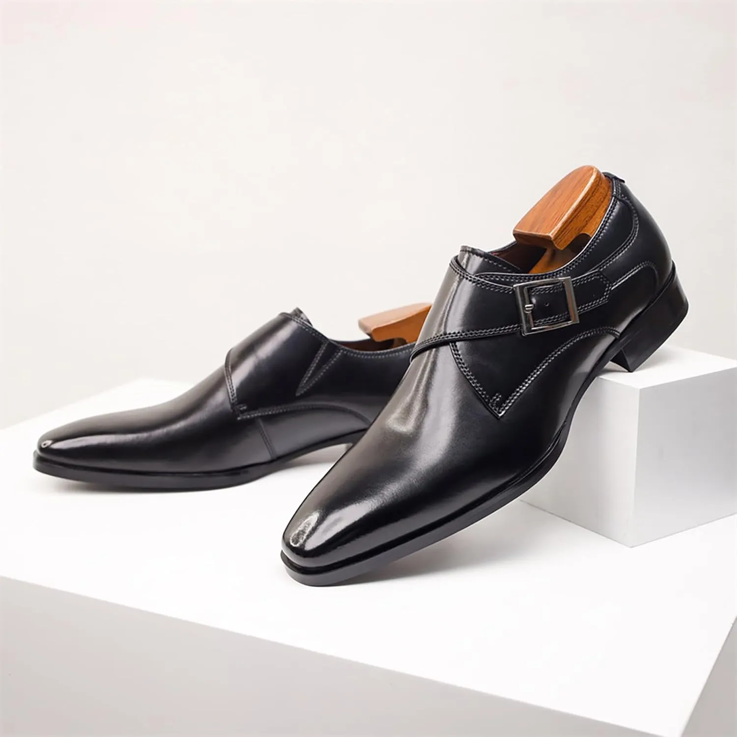 Men's Genuine Leather Monk Buckle Low Heel Dress Shoes Classic Square Toe Handmade with Buckle Slip-On Oxford Shoes for Business Office
