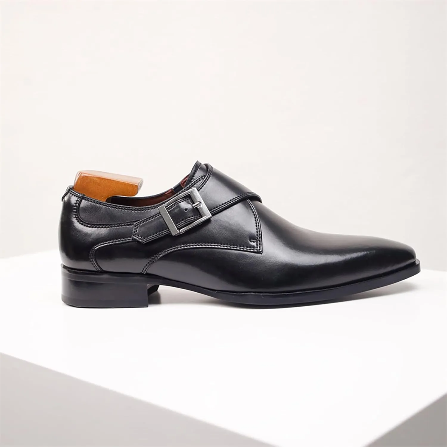 Men's Genuine Leather Monk Buckle Low Heel Dress Shoes Classic Square Toe Handmade with Buckle Slip-On Oxford Shoes for Business Office