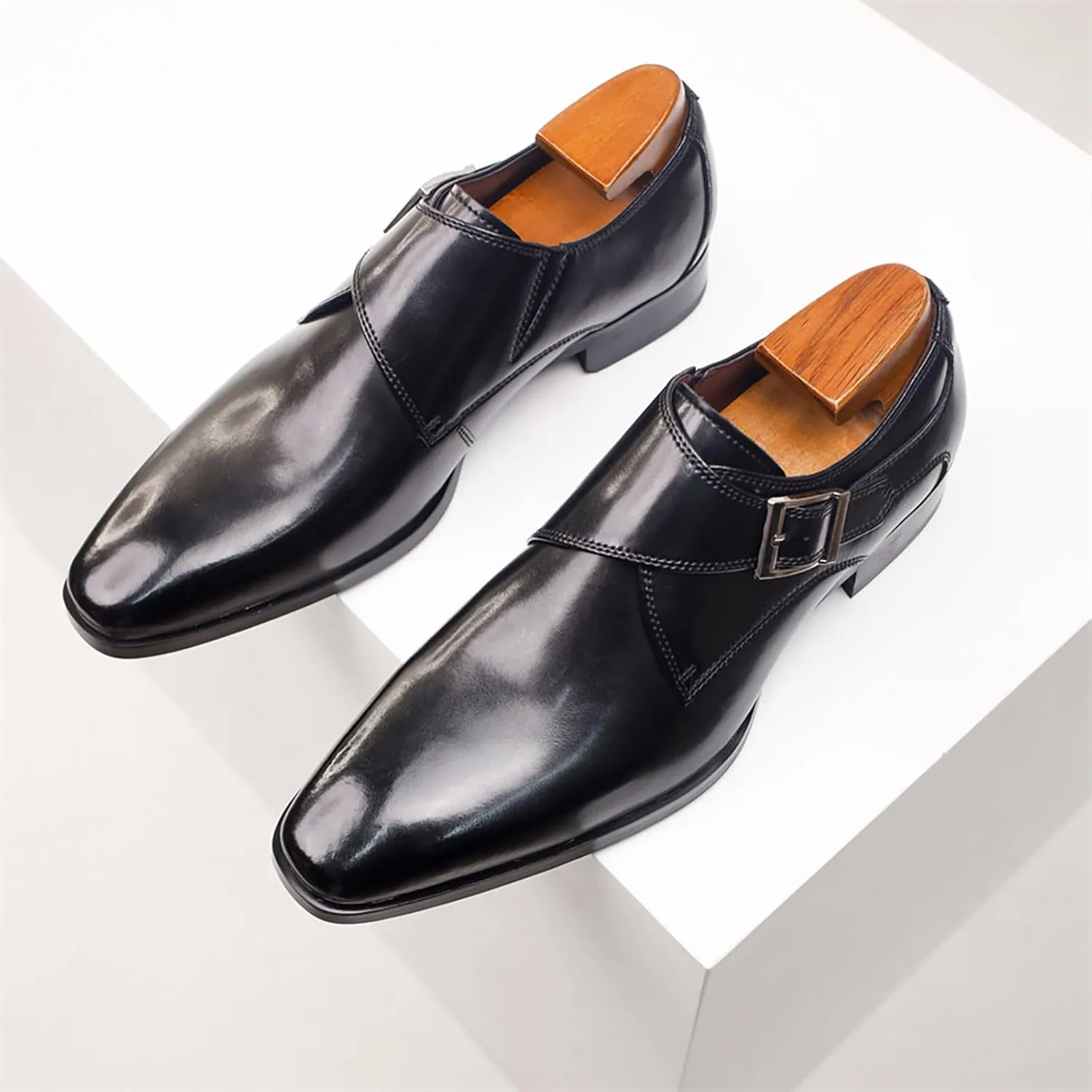 Men's Genuine Leather Monk Buckle Low Heel Dress Shoes Classic Square Toe Handmade with Buckle Slip-On Oxford Shoes for Business Office