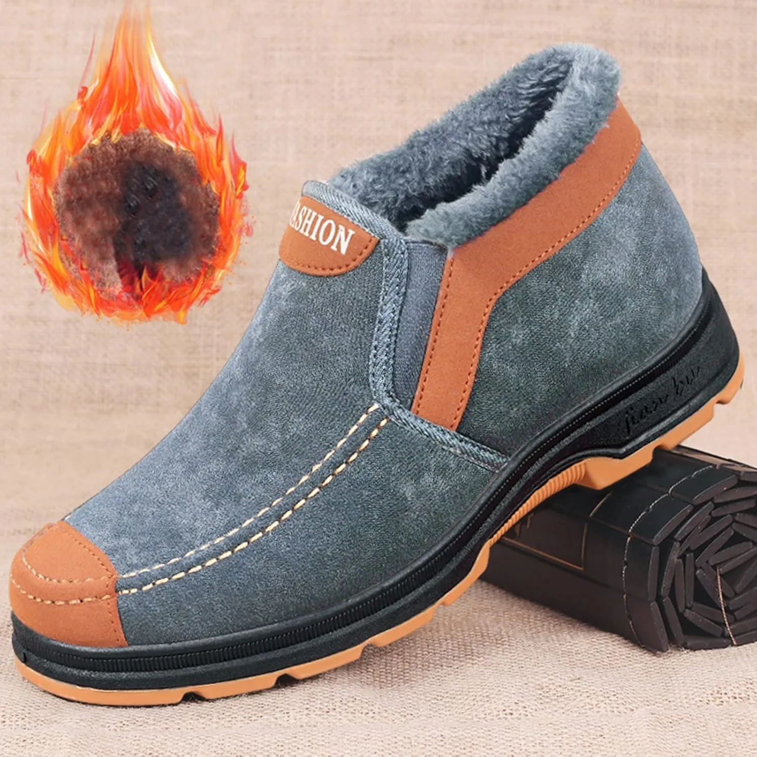 Men's Suede Ankle Boots Classic Slip On Furry Boots Fleece Lined Warm Winter Boots Non Slip Cold Proof Shoes