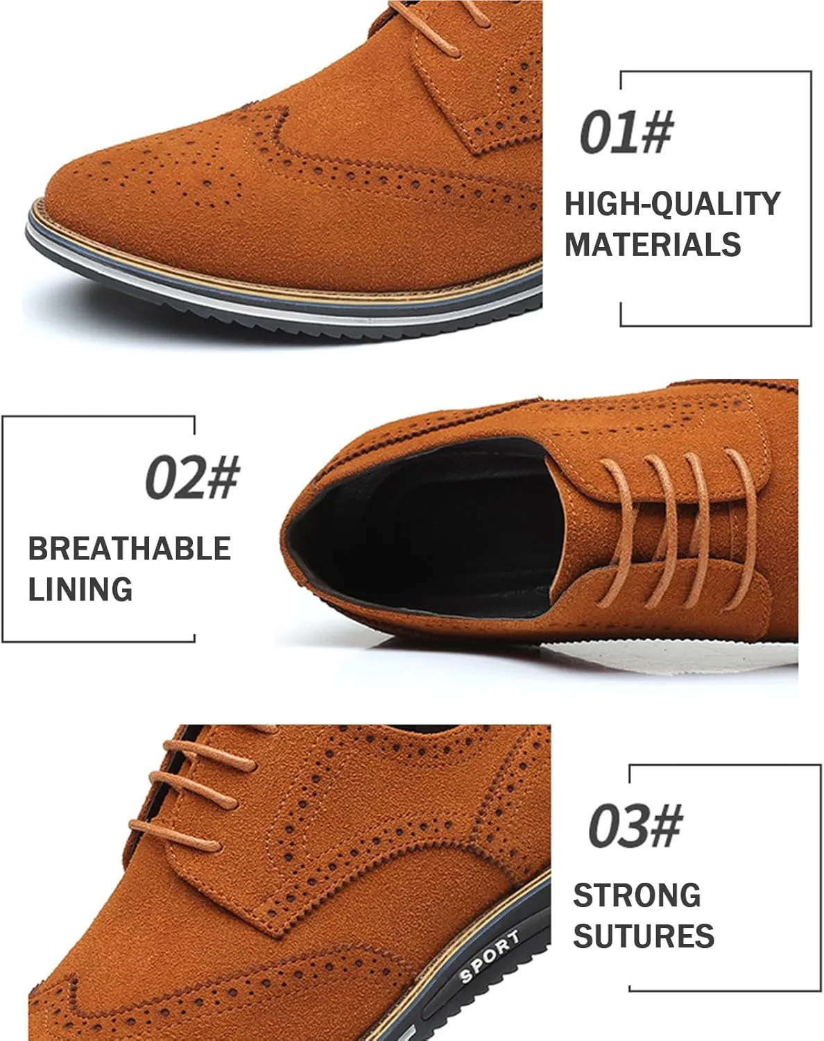 Men's Suede Lace Up Oxford Shoes, Wing Tips Business Dress Shoe Classic Retro Comfortable Work Shoes