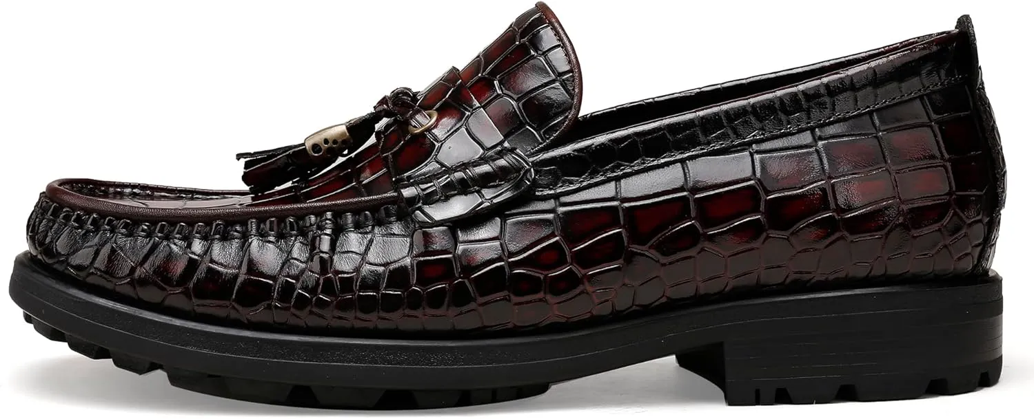 Men's Tassel Dress Shoes, Casual Crocodile Printed Tassel Loafer Handmade Slip-on Penny Loafer for Mens