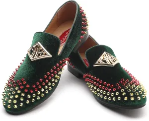 Mens Velvet Loafers Shoes Spiked Dress Shoes with Gold Buckle for Wedding Party Dancing Metallic Slip on Glitter Fashion Prom Shoes