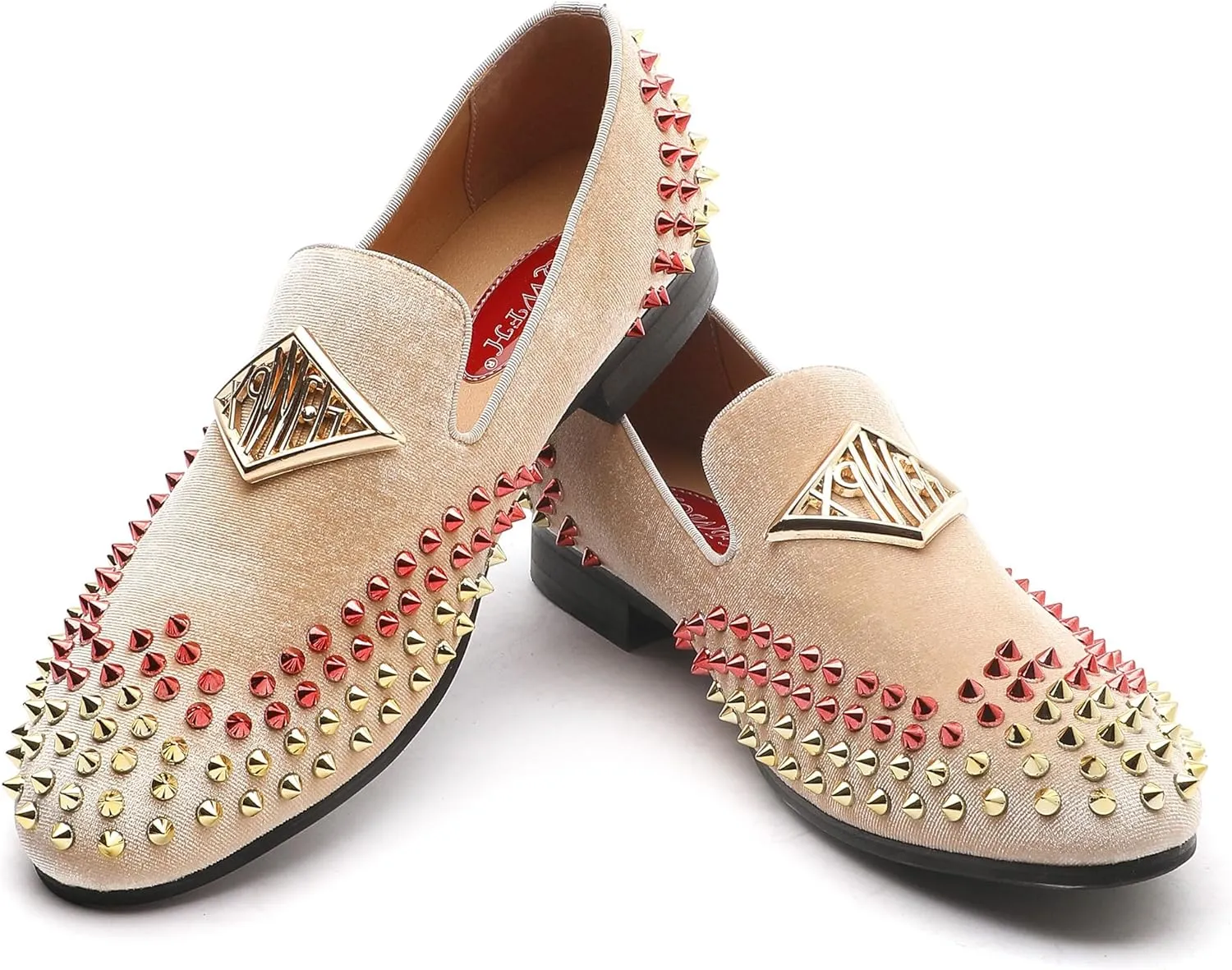 Mens Velvet Loafers Shoes Spiked Dress Shoes with Gold Buckle for Wedding Party Dancing Metallic Slip on Glitter Fashion Prom Shoes