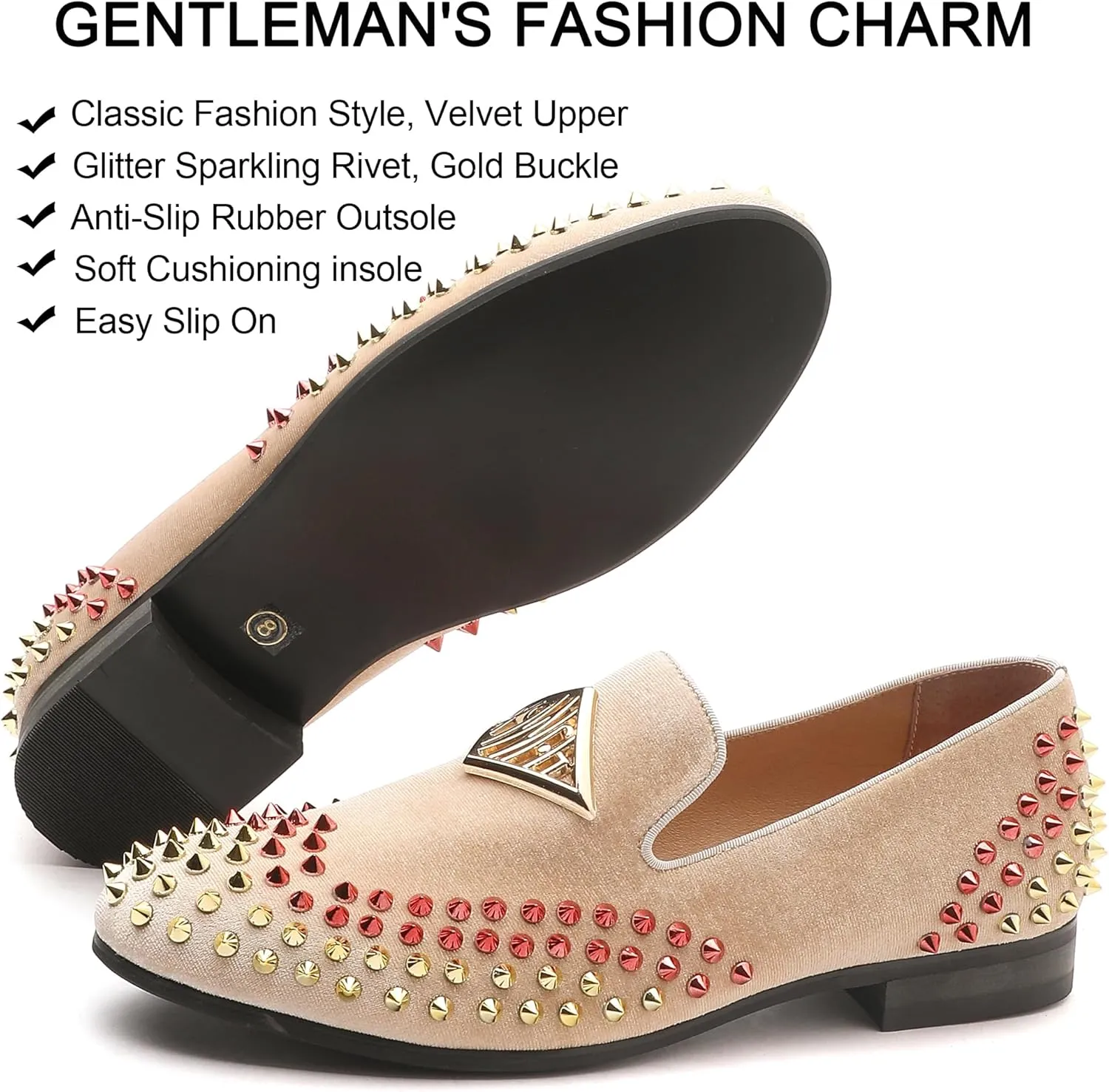 Mens Velvet Loafers Shoes Spiked Dress Shoes with Gold Buckle for Wedding Party Dancing Metallic Slip on Glitter Fashion Prom Shoes