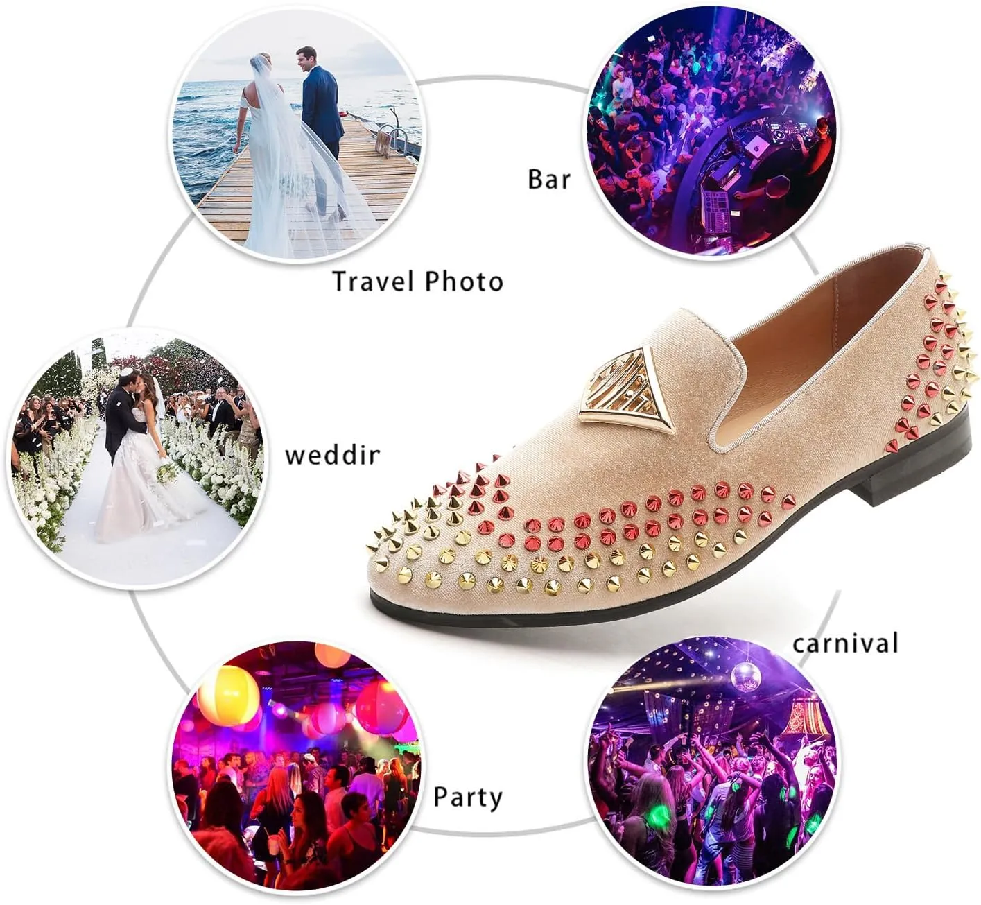 Mens Velvet Loafers Shoes Spiked Dress Shoes with Gold Buckle for Wedding Party Dancing Metallic Slip on Glitter Fashion Prom Shoes