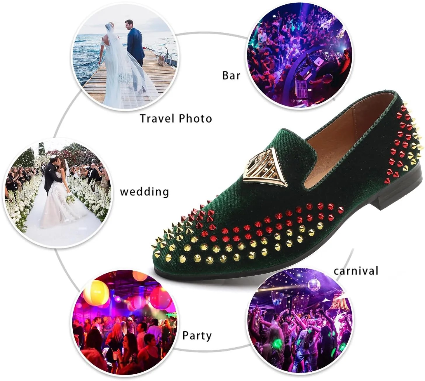 Mens Velvet Loafers Shoes Spiked Dress Shoes with Gold Buckle for Wedding Party Dancing Metallic Slip on Glitter Fashion Prom Shoes