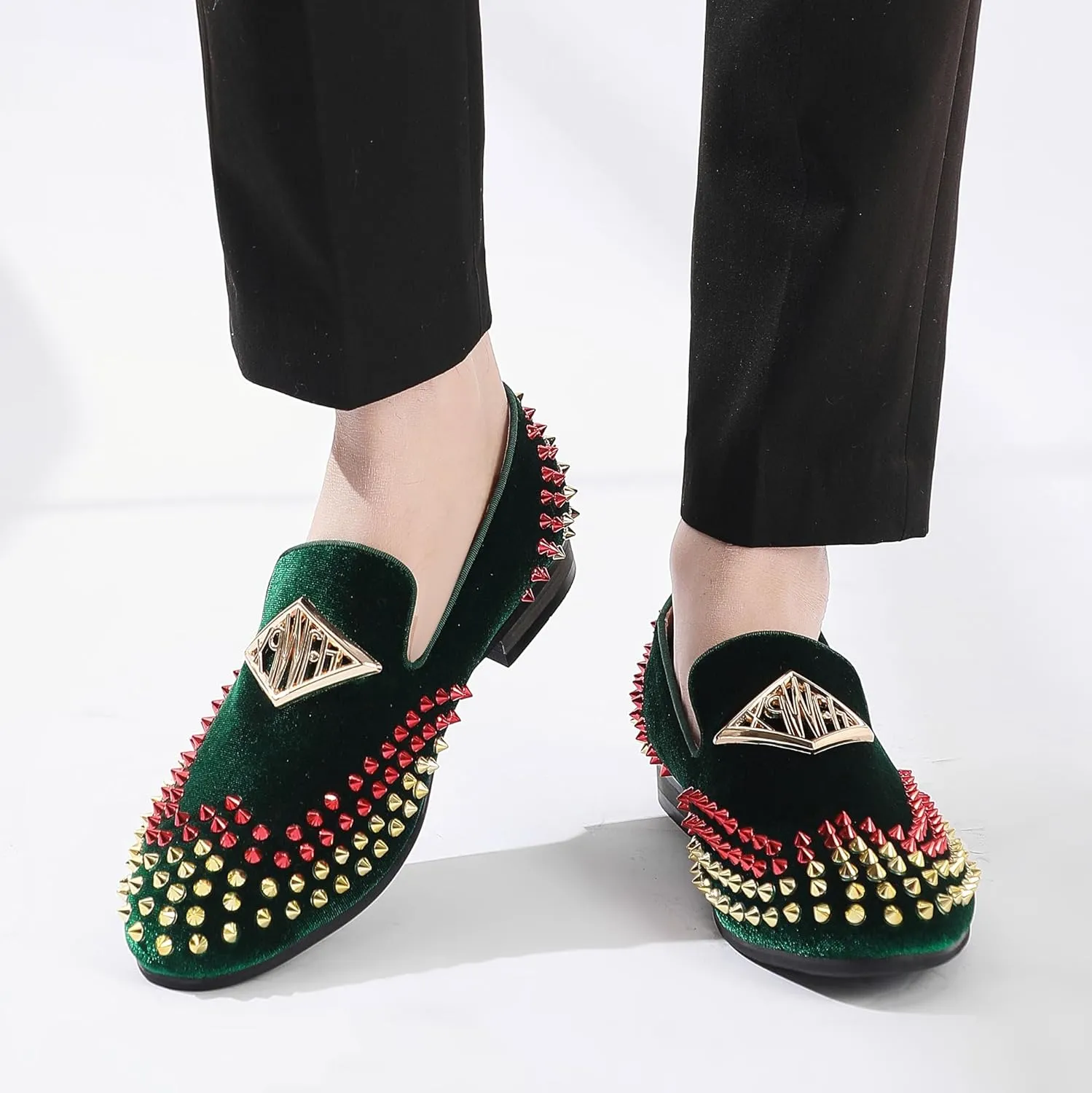Mens Velvet Loafers Shoes Spiked Dress Shoes with Gold Buckle for Wedding Party Dancing Metallic Slip on Glitter Fashion Prom Shoes