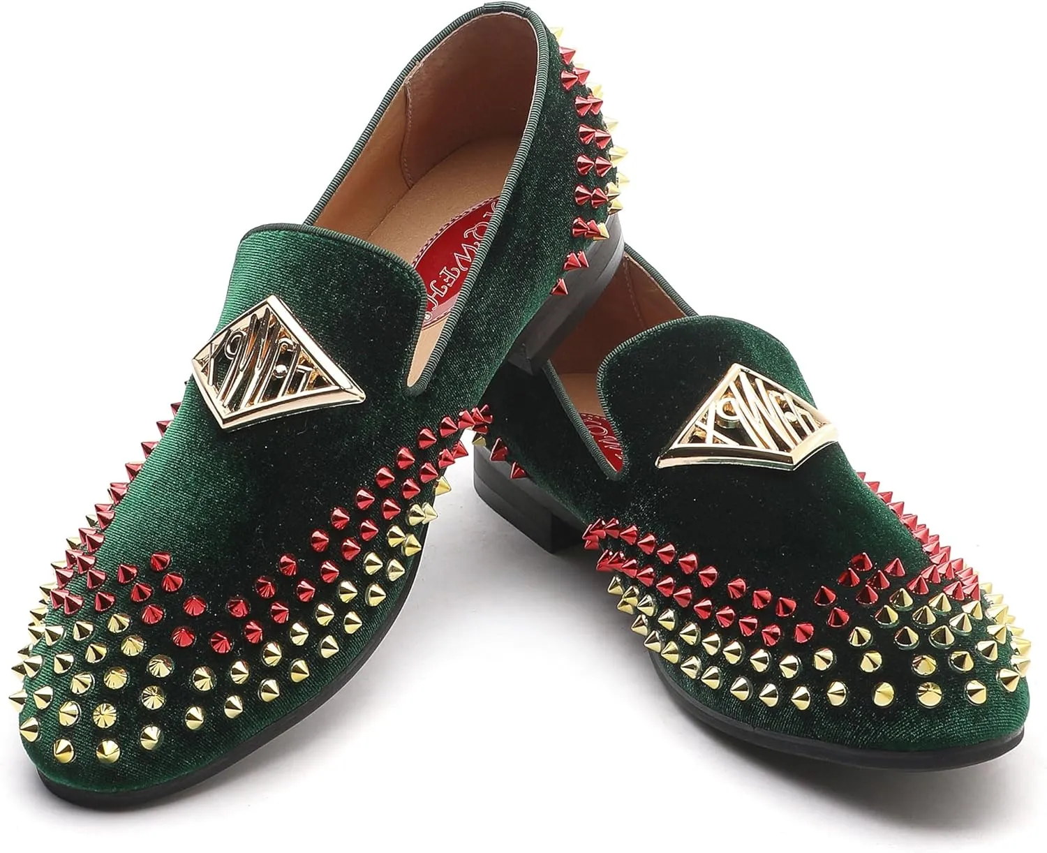 Mens Velvet Loafers Shoes Spiked Dress Shoes with Gold Buckle for Wedding Party Dancing Metallic Slip on Glitter Fashion Prom Shoes