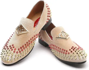 Mens Velvet Loafers Shoes Spiked Dress Shoes with Gold Buckle for Wedding Party Dancing Metallic Slip on Glitter Fashion Prom Shoes