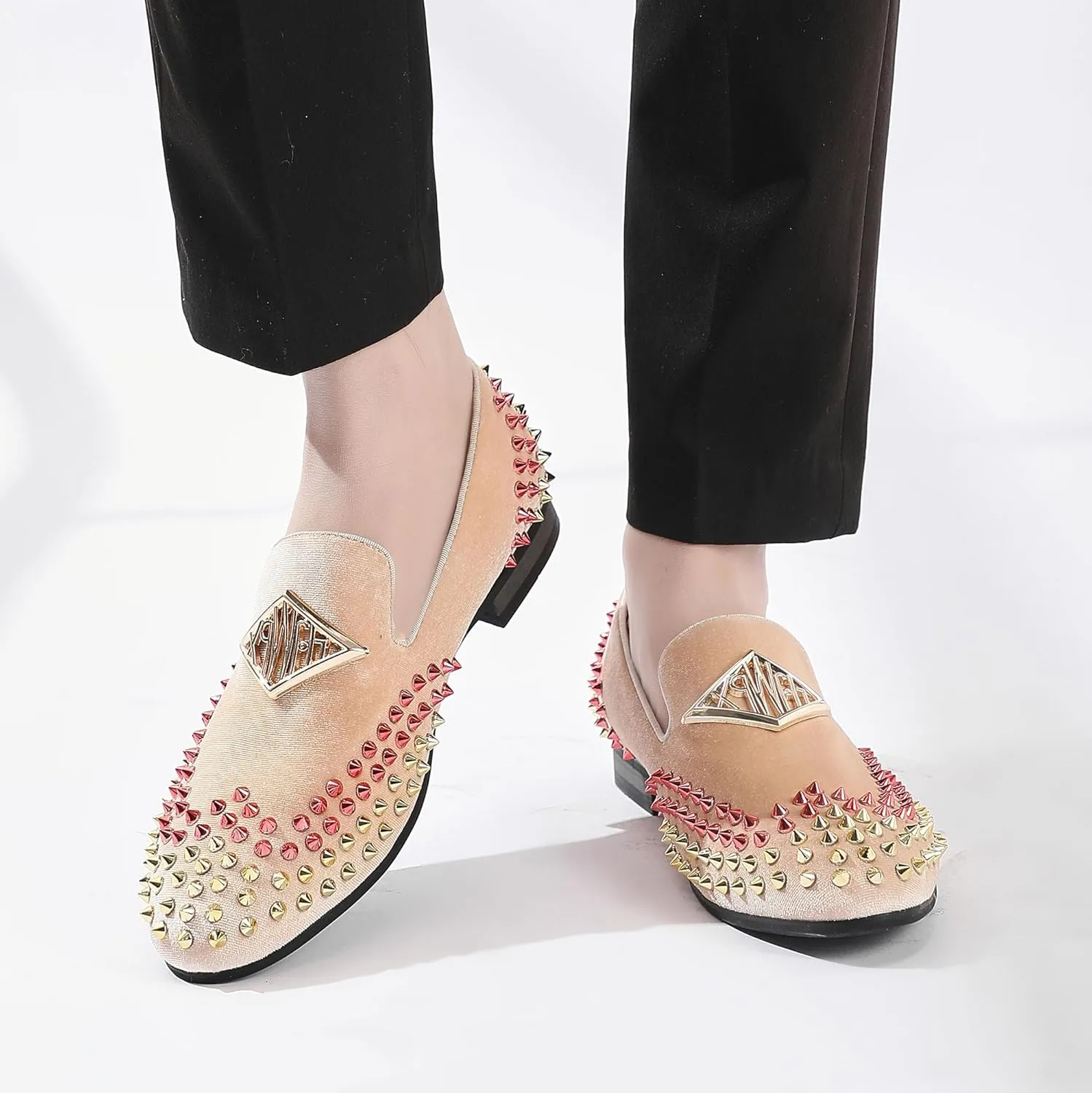 Mens Velvet Loafers Shoes Spiked Dress Shoes with Gold Buckle for Wedding Party Dancing Metallic Slip on Glitter Fashion Prom Shoes