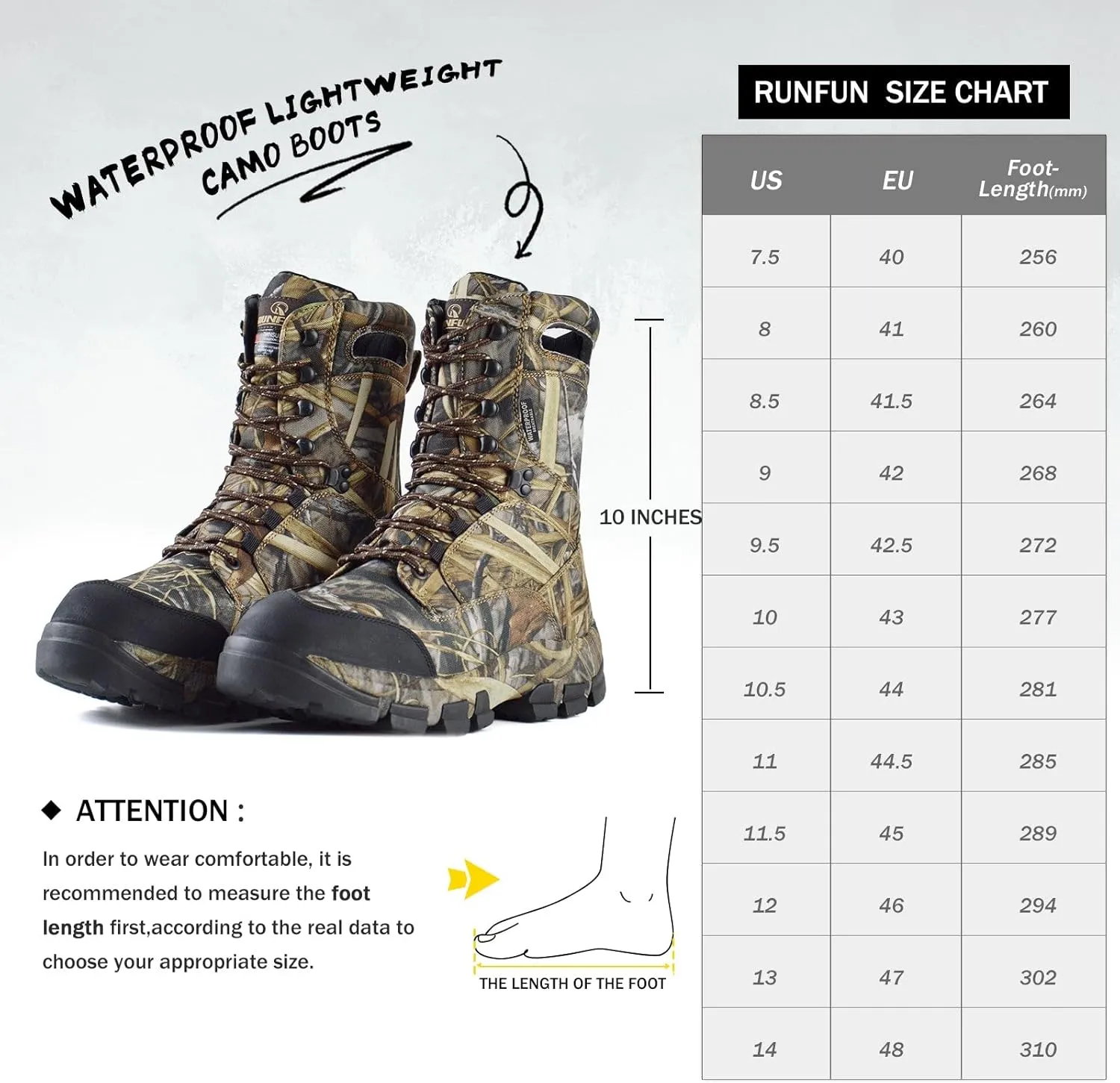 Men's Waterproof Hunting Boots Lightweight Hiking Boot Insulated Work Boot, 10 inches Breathable Outdoor Boot, 400g Thinsulate
