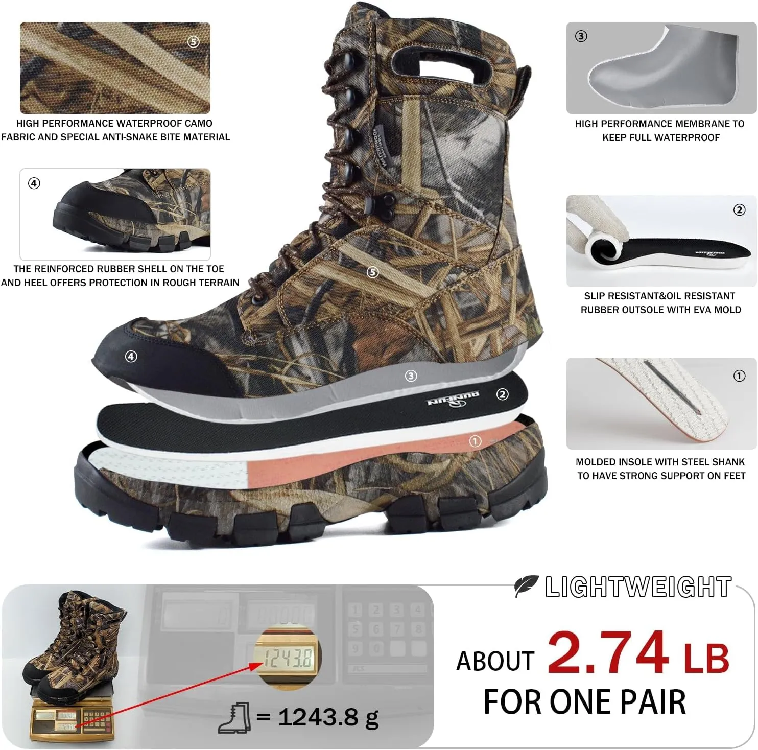 Men's Waterproof Hunting Boots Lightweight Hiking Boot Insulated Work Boot, 10 inches Breathable Outdoor Boot, 400g Thinsulate