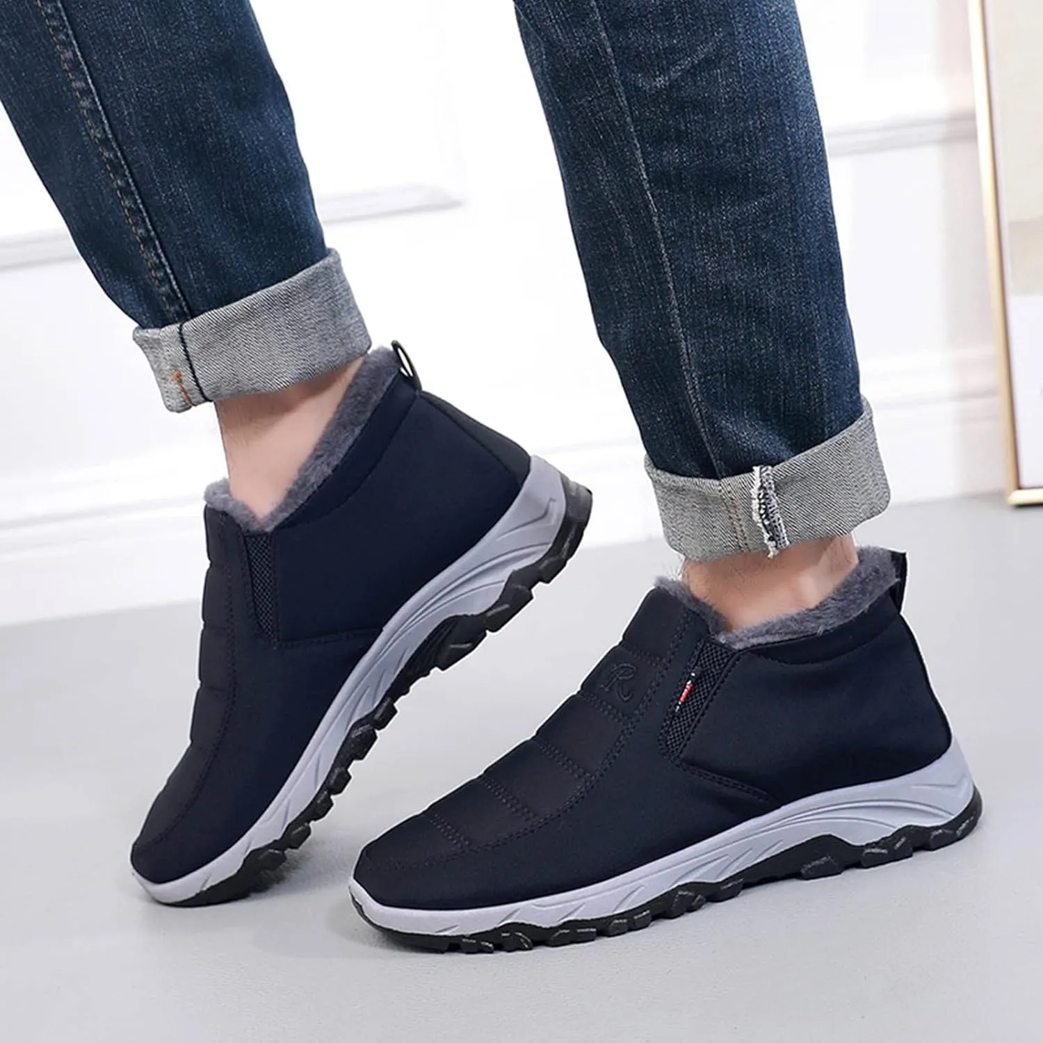 Men's Winter Warm Boots Classic Slip On Boots Fleece Lined Warm Ankle Boots Thick Bottom Non Slip Ankle Slip Winter Shoe
