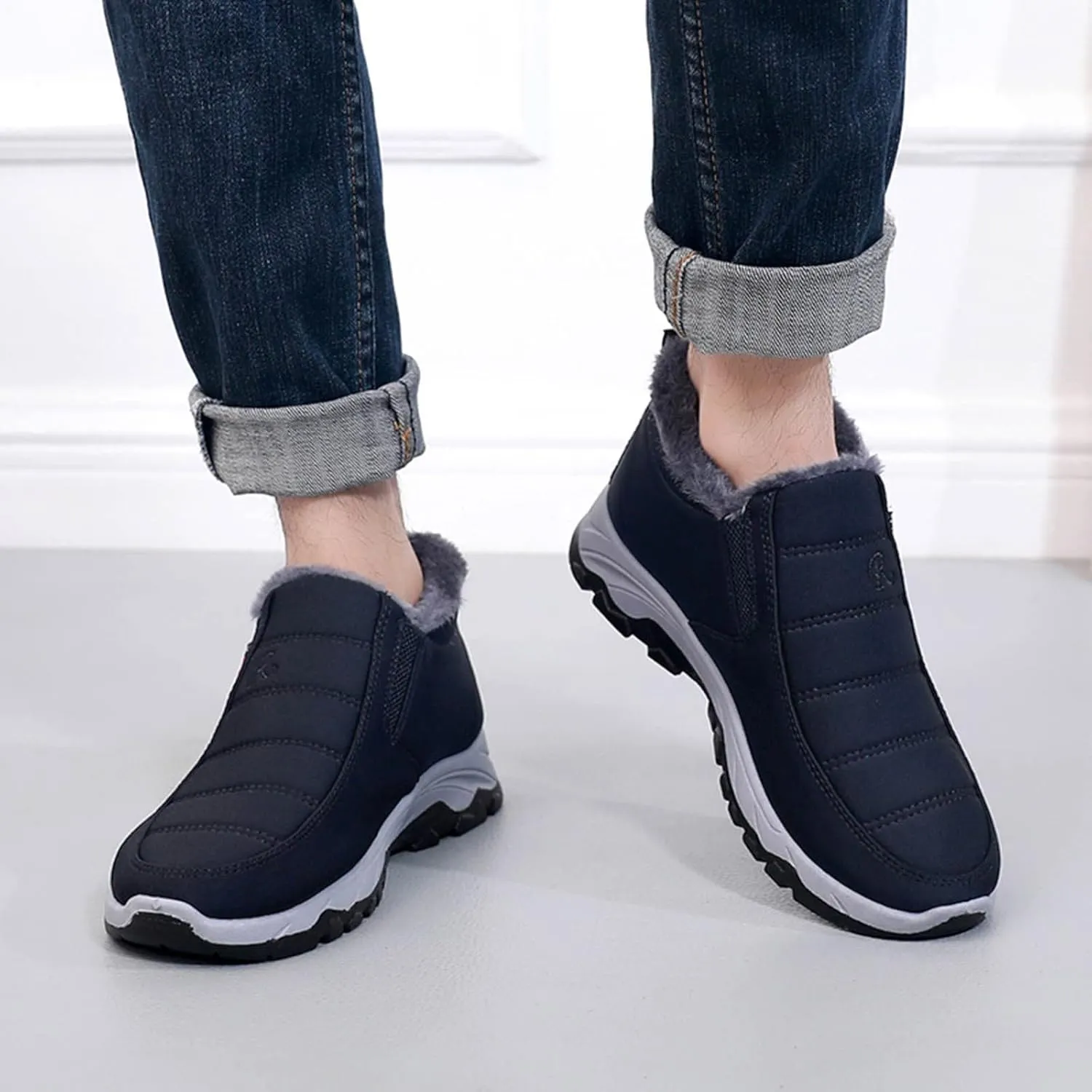 Men's Winter Warm Boots Classic Slip On Boots Fleece Lined Warm Ankle Boots Thick Bottom Non Slip Ankle Slip Winter Shoe