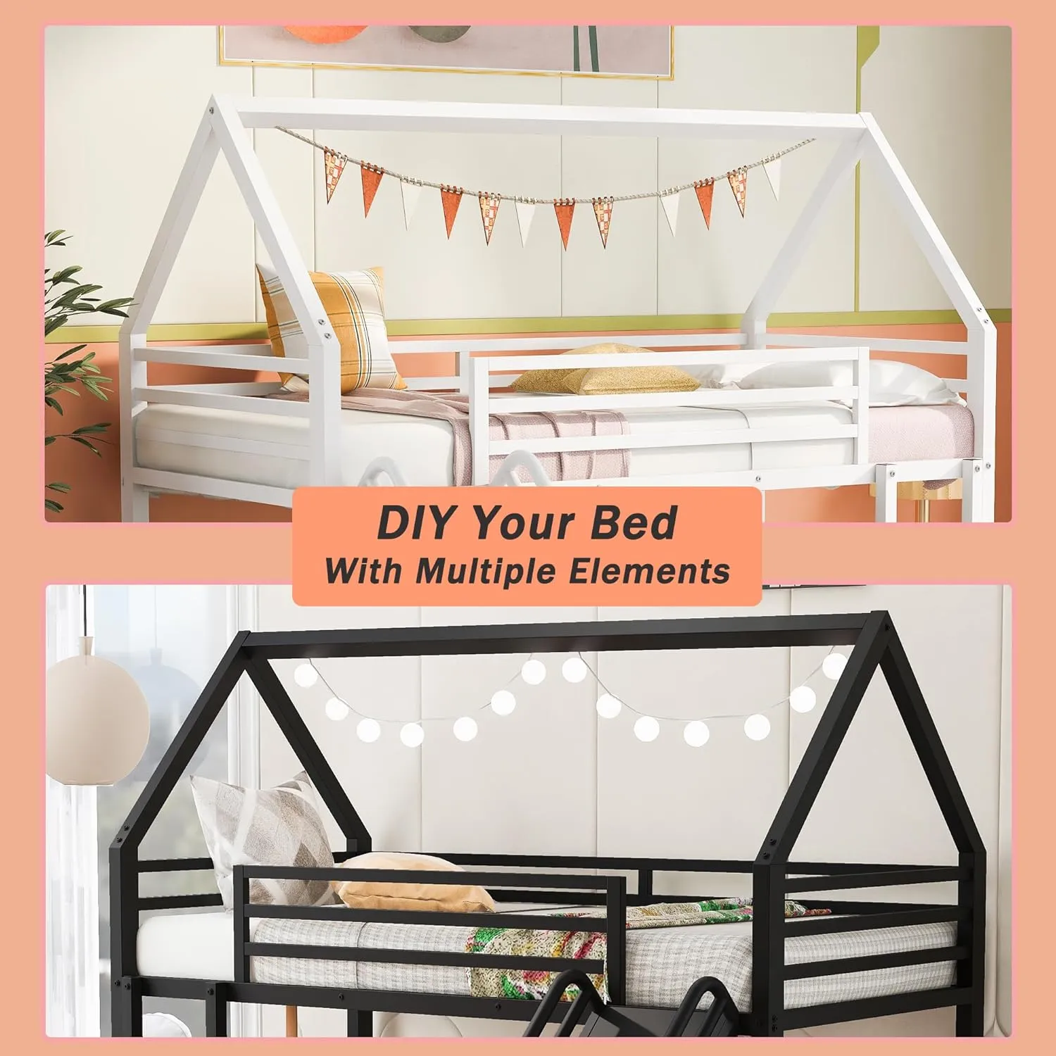 Merax Heavy Metal House Low Bunk Bed with Slide & Ladder Twin Over Twin, Montessori Floor Bunk Bed Frame with Full-Length Guardrail, No Box Spring Needed, Noise Free White